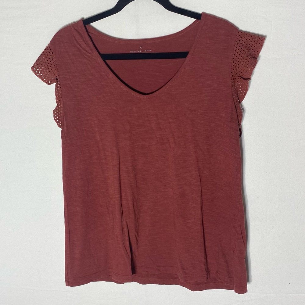 5/$25 Denver Hayes Rust Red Cotton Blend Short Ruffle Sleeve Top L